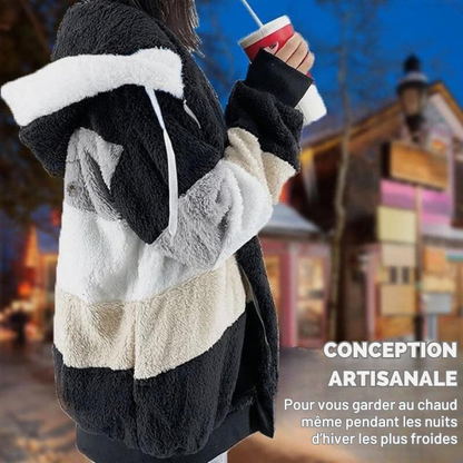 2025 Veste d'hiver en peluche avec capuche colorblock et poches pour femmes
