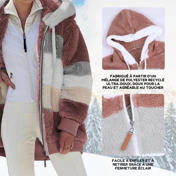 2025 Veste d'hiver en peluche avec capuche colorblock et poches pour femmes